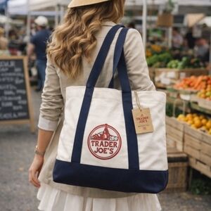 Trader Joes Canvas Tote Bag in Cream and Navy